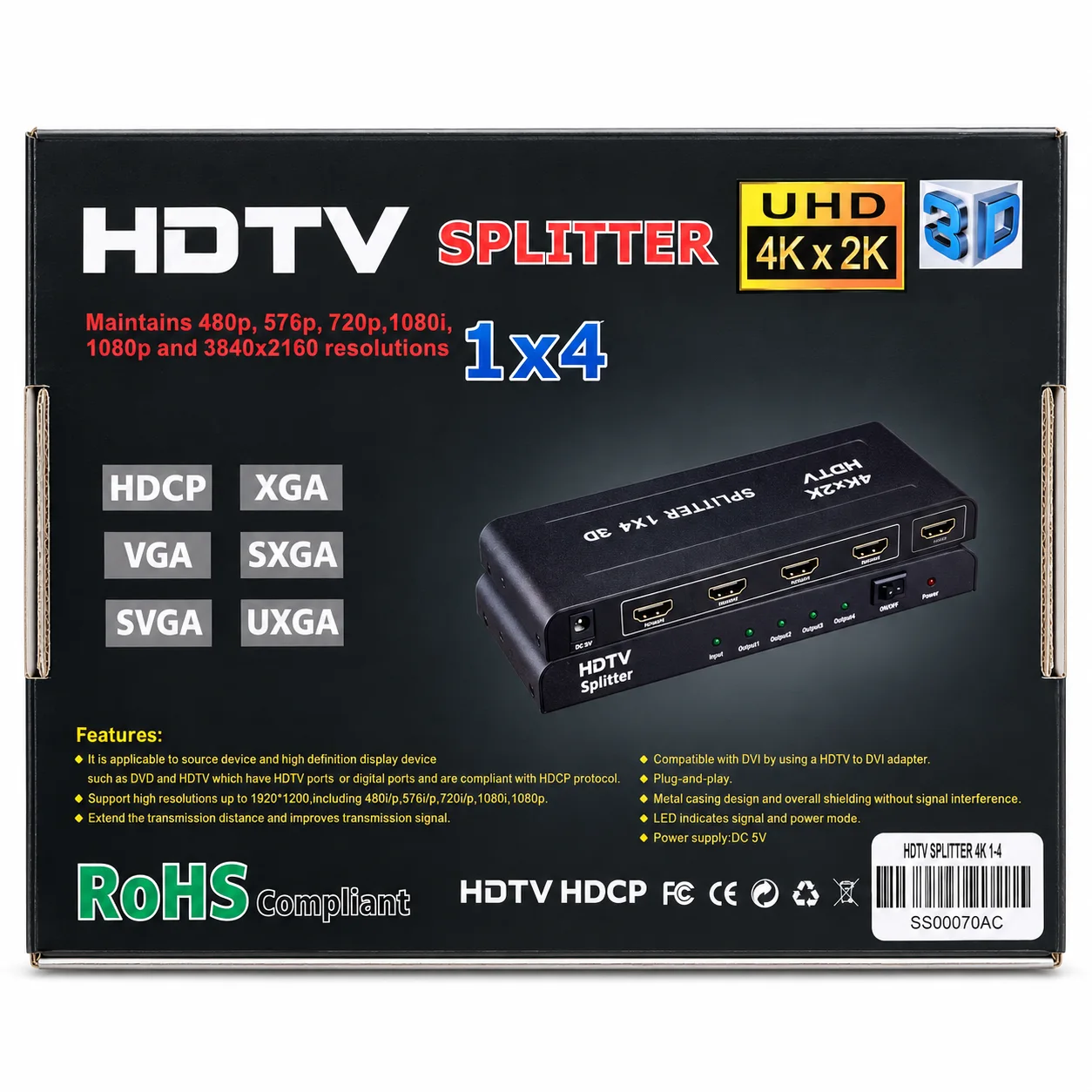 1×4 HDMI Splitter 4K UHD 3D with HDCP – 1 Input, 4 Outputs